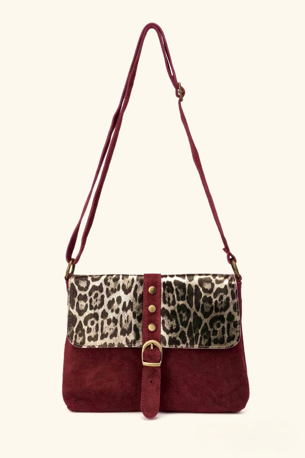 Sac en cuir bordeaux léopard