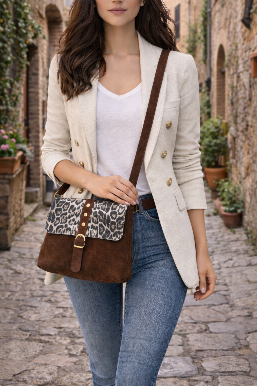 Sac en cuir chocolat léopard